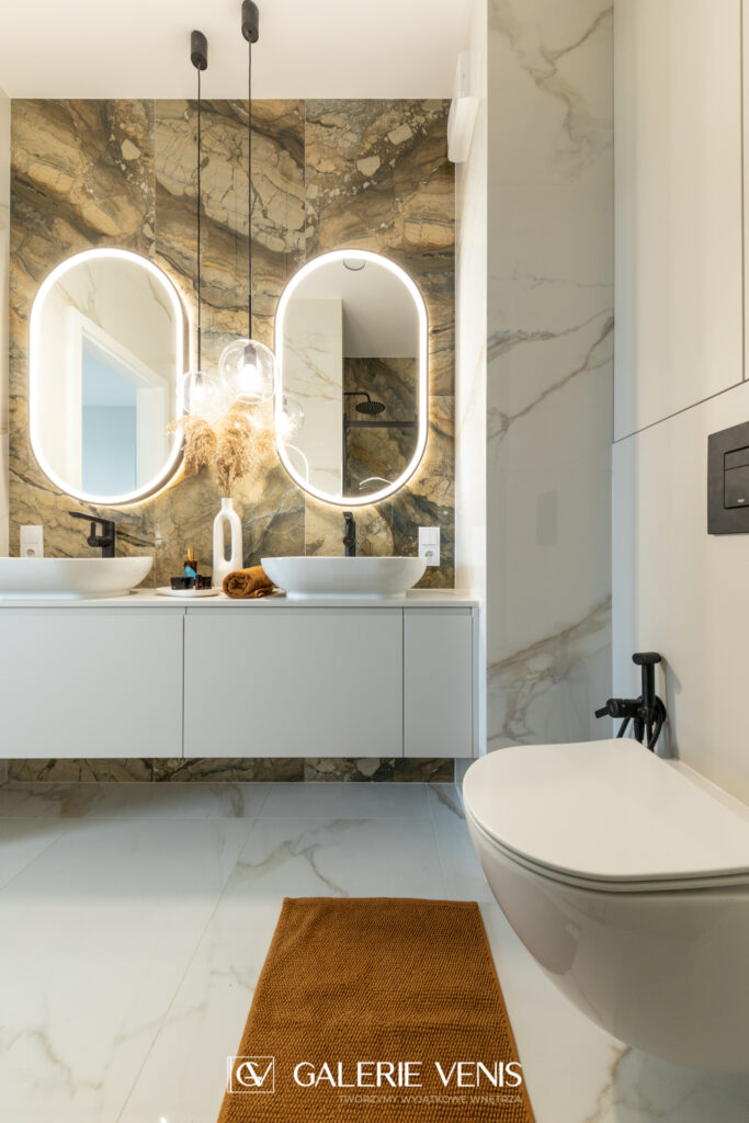 Płytki gresowe marmurowe Płytki gresowe kamienne Toaleta Umywalki Lustro podświetlane LED Galerie Venis